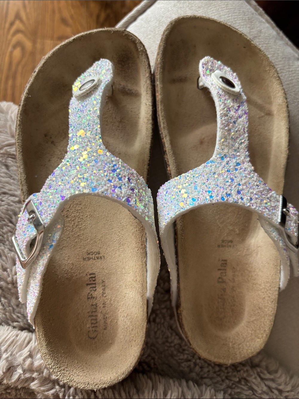 Glittery Iridescent T-Strap Sandals